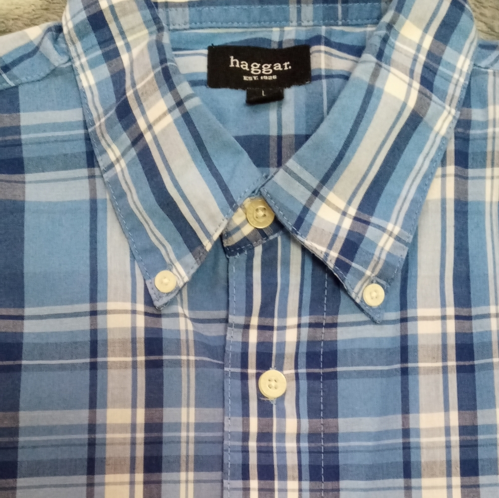 Hagger Blue Plaid Short Sleeve Button Down (Large) w/ Pocket